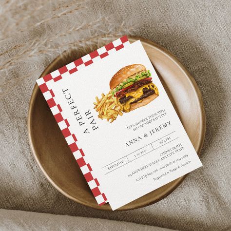 Planning An Engagement Party, Casual Engagement Party, Couples Shower Themes, Rustic Rehearsal Dinners, Things That Go Together, Engagement Party Planning, Burgers And Fries, Couples Shower Invitation, Crispy Fries