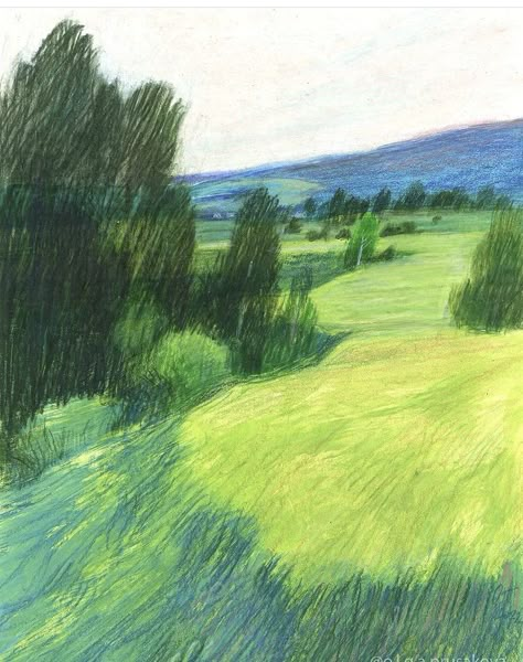 Colored Pencil Landscape Sketch, Pencil Color Landscape, Green Things To Draw, Color Pencil Art Landscape, Colouring Pencil Art, Color Pencil Landscape, Landscape Colored Pencil, Pencil Landscape Drawings, Colored Pencil Landscape