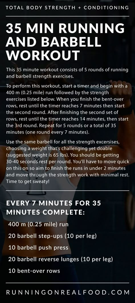 Try this killer 35 minute running and full-body barbell strength workout featuring 400 m runs, step-ups, push press, reverse lunges and bent-over barbell rows. Get ready to sweat! via @runonrealfood Running On Real Food, Strength Conditioning By Body Part, Barbell Row, Crossfit Wods, Barbell Workout, Conditioning Workouts, Build Muscle Mass, Treadmill Workouts, Reverse Lunges