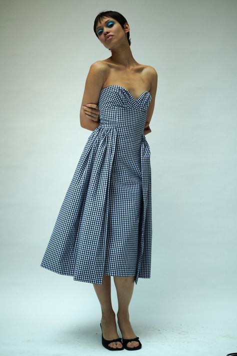 Batsheva Pre-Fall 2024 Fashion Show | Vogue Column Skirt, Black And White Gingham, Split Skirt, Black Short Dress, Ruffled Collar, Blue Gingham, 2024 Fashion, Gingham Dress, Brand Collection