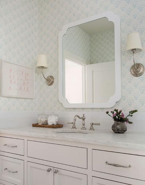 White Washstand with White and Blue Wallpaper - Cottage - Bathroom Girls Bathroom Wallpaper, Katie Davis Design, White And Blue Wallpaper, White Foyer, Katie Davis, French Console Table, Sister Parish, Vintage Faucet, Nickel Faucet