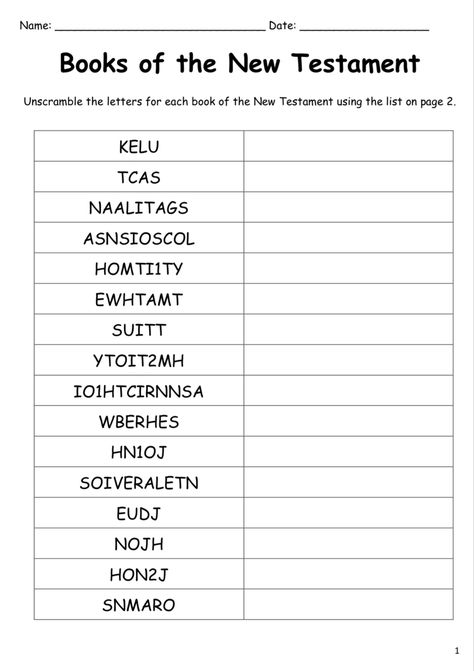 Unscramble each book of the New Testament using the list of books on page 2! Two printable worksheets (plus answer key). #bible #newtestament #printables #sundayschoollessons Bible Activities For Kids Printables, Books Of The Bible Activities For Kids, Books Of The Bible Printable Free, Biblical Games, Books Of The New Testament Printable, New Testament Books Of The Bible, Books Of The Bible Games, New And Old Testament, Games To Learn New Testament Books