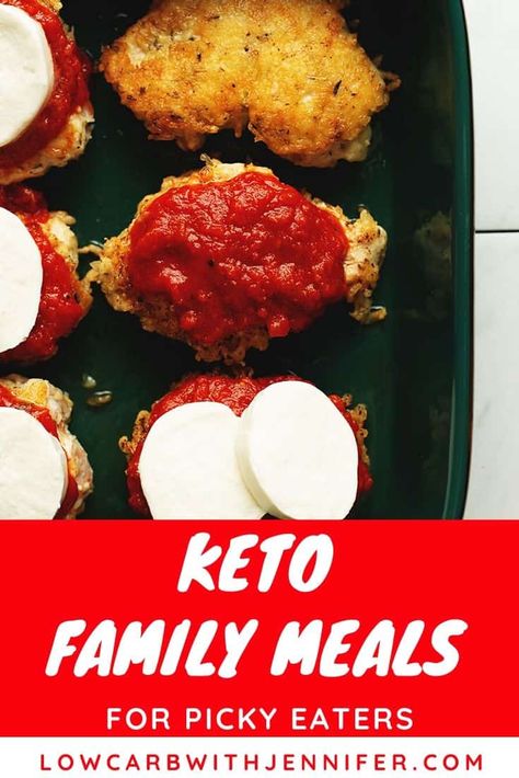 Family Friendly Keto Meals for Picky Eaters • Low Carb with Jennifer Keto Chicken Parmesan, Keto Recipes Dinner, Keto Chicken, Low Carb Dinner, Low Carb Keto Recipes, Picky Eater Recipes, Chicken Parmesan, Keto Dinner, Picky Eaters