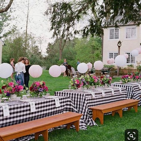 Backyard Creations, Gingham Tablecloth, Outdoor Dinner Parties, Checkered Tablecloth, Romantic Picnics, Perfect Blue, Bbq Party, Backyard Party, Outdoor Party