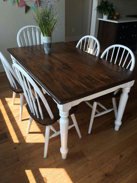 Two Toned Table And Chairs, White And Brown Kitchen Table, Referb Kitchen Table, Refinished Chairs Wood, Redone Kitchen Table, Black And Wood Kitchen Table, Refurbished Table And Chairs, Wood Table White Chairs, Brown And White Table