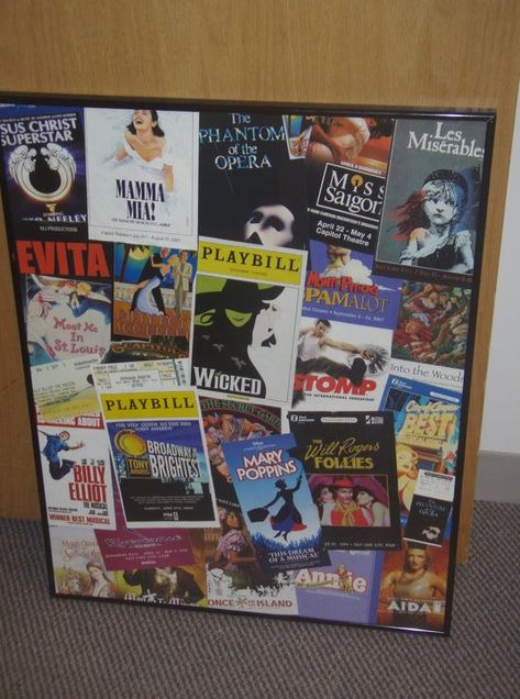 Idea for playbills . . . another piece of art for future theater room? Playbill Display Ideas, Playbill Display, Broadway Themed Room, Unfinished Basements, Basement Ceilings, Broadway Theme, Basement Bars, Theater Room Decor, Room Theater