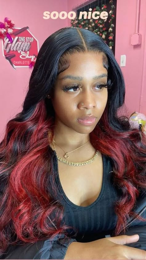 Natural Quick Weave, Hair Styles With Weave, Styles With Weave, Black And Burgundy Hair, Hair Sew Ins, Black Hair With Red Highlights, Red Peekaboo, Black Hair Ideas, New Hair New Me