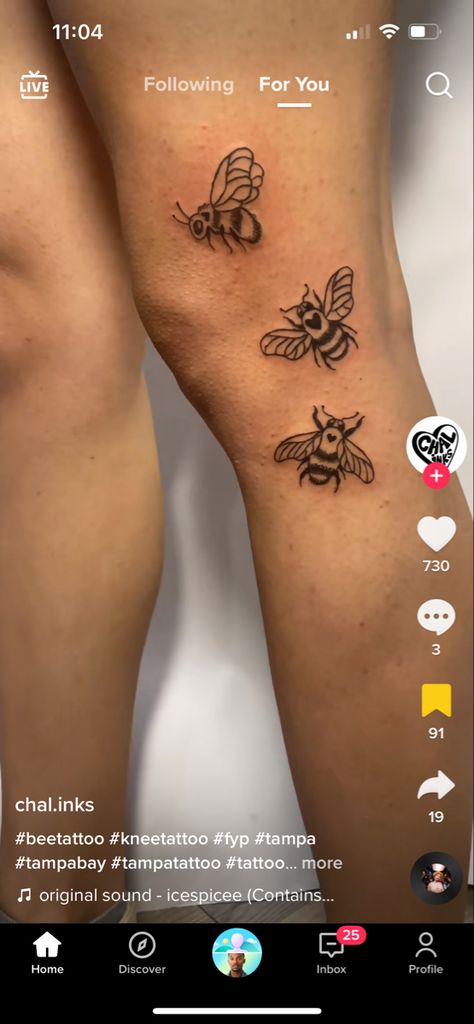 American Traditional Honey Bee Tattoo, Bee Tattoo On Leg, Bee Leg Tattoo, Ipad Doodle Ideas, Bee Tattoo Knee, Bees Knees Tattoo, Knee Tats, Bumble Bee Tattoo, Tattoo Board