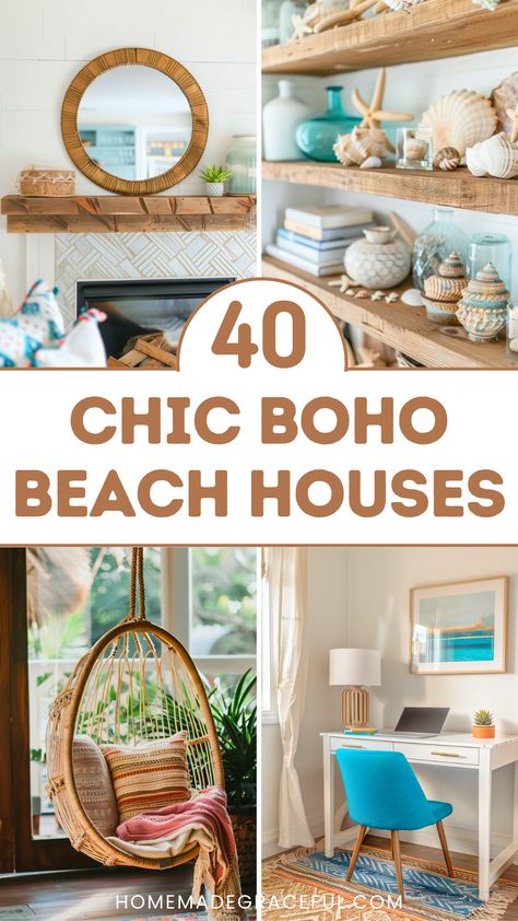 Elevate your home with 40 beautiful boho beach house decor ideas that exude a relaxed coastal style. Perfect for living rooms, bedrooms, or apartments, these ideas combine modern and rustic elements with coastal boho decor. Add beach wall art, curtains, colorful rugs, and shabby chic furniture for a cohesive look. With plants, outdoor touches, and aesthetic designs, these ideas are perfect for creating your ultimate summer retreat. Boho Coastal Decor Wall Art, Boho Beach Office, Beach Boho Kitchen, Coastal Home Decor Ideas, Boho Beach House Surf Shack, Tiny Beach House Interior, Beachy Boho Living Room, Boho Beach Living Room, Retro Beach Aesthetic