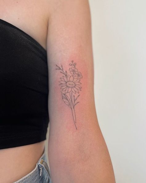 Sunflower With Forget Me Nots Tattoo, Sunflower And Larkspur Tattoo, Sunflower Line Drawing Tattoo, Fine Line Sunflower Bouquet Tattoo, Simple Sunflower Bouquet Tattoo, Fineline Bouquet Tattoo, Fineline Tattoos Minimalist, Bouquet Of Sunflowers Tattoo, Forget Me Not And Sunflower