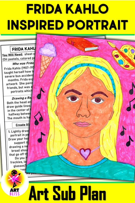 Students will create a self-portrait inspired by Mexican Artist Frida Kahlo in this low-prep, engaging elementary art sub plan. Includes proportions break down, Frida Kahlo art reproduction, step-by-step and finished examples Portrait Art Lesson, Portraits For Kids, Self Portrait Drawing, Art Sub Plans, Frida Kahlo Portraits, Self Portrait Art, Sub Plan, Frida Kahlo Art, Mexican Artists