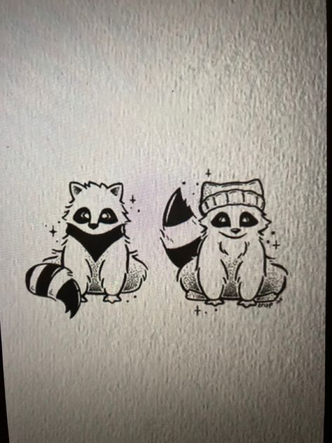 Raccoon With Knife Tattoo, Cat And Raccoon Drawing, Raccoon And Possum Tattoo, Raccoon Line Art, Cute Raccoon Drawing Simple, Simple Raccoon Tattoo, Matching Raccoon Tattoo, Racoon Tattoo Simple, Trash Panda Tattoo