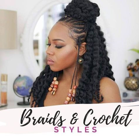 One of my favourite styles is the crochet mambo twist; there are so many different variations to this style.  However, the half up half down Fulani crochet twist out is one of the most highly requested tutorials. Half Cornrows Half Curly Weave Tutorial, Half Up Half Down Crochet Styles, Crochet Hairstyles Half Up Half Down, Half Crochet Half Braids, Fulani Crochet, Half Cornrows Half Crochet, Crochet Half Up Half Down Hairstyles, Half Up Half Down Crochet Hairstyles, Half Braid Half Crochet Hairstyles