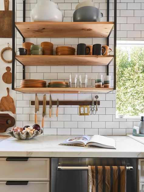 Who knew open shelving could look so good?! Emily Bowser's Kitchen REVEAL! Plus The 8 Ways She Really Maximized Her Galley Kitchen Storage - Emily Henderson Galley Kitchen Storage, Creative Shelving Ideas, Clearing Out Clutter, Clever Kitchen Storage, Wood Shelving Units, Kitchen Storage Ideas, Above Cabinets, Small Kitchen Storage, Kitchen Details