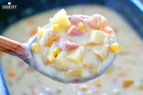 Crockpot Ham and Potato Corn Chowder Ham Potato Corn Chowder, Ham And Potato Corn Chowder, Potato Corn Chowder Recipe, Corn Chowder Crockpot, Potato And Corn Chowder, Crockpot Ham And Potatoes, Baked Lemon Pepper Chicken, Potato Corn Chowder, Ham Potato