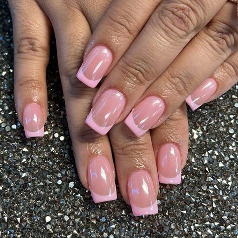 Pink tip french with hard gel & chrome 💕#nailsnailsnails #frenchmanicure #chrome #hardgel @beyzabrushednailsalon Nail Inspo Pink Chrome, Pink Crome French Tip, Pink French Tip Nails With Chrome, Pink French With Chrome, Pink French Tips With Chrome, Pink French Tip With Chrome, Pink French Chrome Nails, Pink French Tip Chrome Nails, Crome Pink Nails