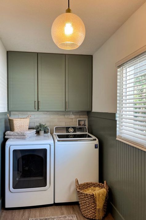 Soft Sage Green Cabinetry is IN and it looks perfect in this laundry room setting. With Front + Center's Shaker Door style, you can't go wrong with a classic! Swipe to see the before! Green Laundry Room, Diy Wall Tile, Modern Traditional Home, Fixer Upper Home, Green Laundry, Room Renovation, Laundry Room Makeover, Laundry Room Design, Room Remodeling