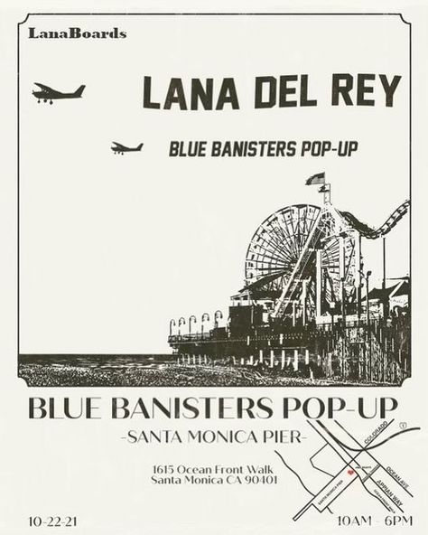 Lana Del Rey Concert Poster, Lana Del Rey Concert, Blue Banisters, Lana Del Rey Albums, Lana Del Rey Lyrics, Lizzy Grant, Music Poster Design, Dorm Posters, Santa Monica Pier