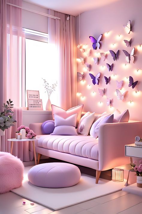 It's a soft purple and pink, pretty butterfly living room. It's got tiny butterflies stuck to the wall with fairy lights in between. A white rug some pink flowers to add and more such details make the room look beautiful as a dream. Soft Purple Bedroom Ideas, Purple Room Wall Ideas, Butterfly Living Room Ideas, Living Room With Pink Walls, Pink And Purple Room Ideas Bedrooms, Purple Butterfly Room Ideas, Pink And Purple Home Decor, Butterfly Wall Paint, Pink Room Decor Of Your Dreams