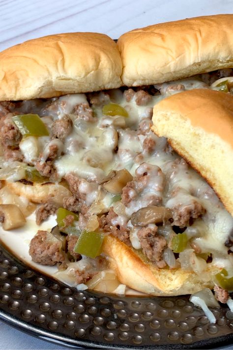 Philly Cheesesteak Sloppy Joe Sandwiches by Plowing Through Life - Weekend Potluck 391 Philly Cheesesteak Sloppy Joe, Pumpkin Cheesecake Balls, Joe Sandwich, Philly Cheesesteak Sloppy Joes, Sloppy Joes Sandwich, Slow Cooker Baked Beans, Cheesecake Balls, Baked Beans With Bacon, Easy Sandwich