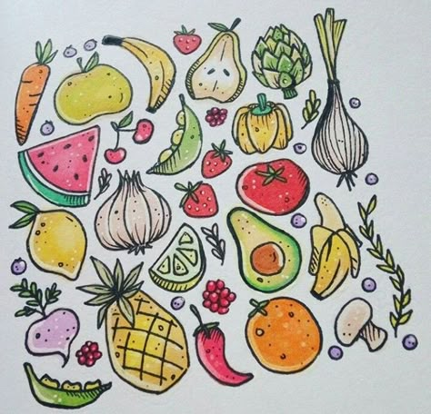 Fruit drawing Fruit And Veg Drawings, Cartoon Fruit Drawing, Simple Fruit Drawings, Desk Doodles, Easy Fruit Drawing, Fruit Doodles, Fruit Drawings, Doodle Practice, Drawing Fruit