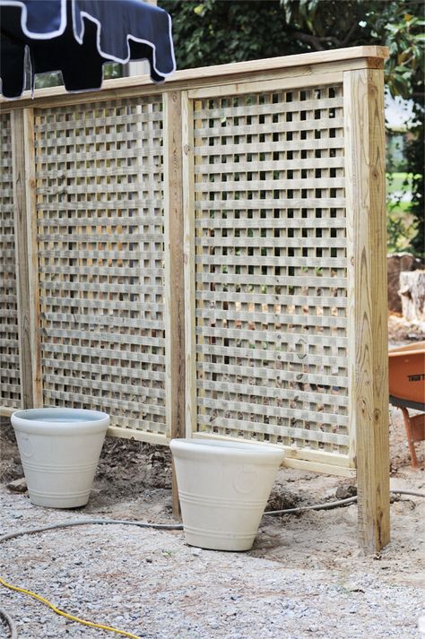 Pawleys Island Posh: We Built a Lattice Wall in the Backyard Metal Lattice Trellis, Fence Made With Lattice, Lattice Fence Around Pool, Lattice Privacy Screen With Vines, Privacy Fence With Lattice Top, Lattice Fence On Brick Wall, Lattice Privacy Fence, Lattice Privacy Screen, Lattice Wall