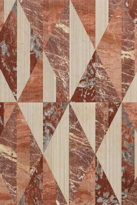 The reeded version of our Tangram inlaid marble covering in Ginger palette. Luxury Floor Design, Stone Floor Pattern, Marble Tiles Floor, Everyman Cinema, Devon Cliffs, Marble Pattern Texture, Floor Pattern Design, Marble Floor Pattern, Movement Pattern