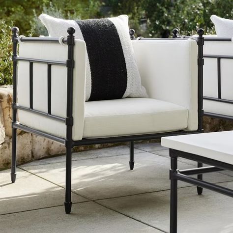 blue and white | Williams Sonoma Outdoor Furniture Layout, Black Patio Furniture, Cast Aluminum Patio Furniture, Iron Patio Furniture, Wrought Iron Patio Furniture, Metal Outdoor Furniture, Grill Area, Outdoor Club, Luxury Duvet Covers