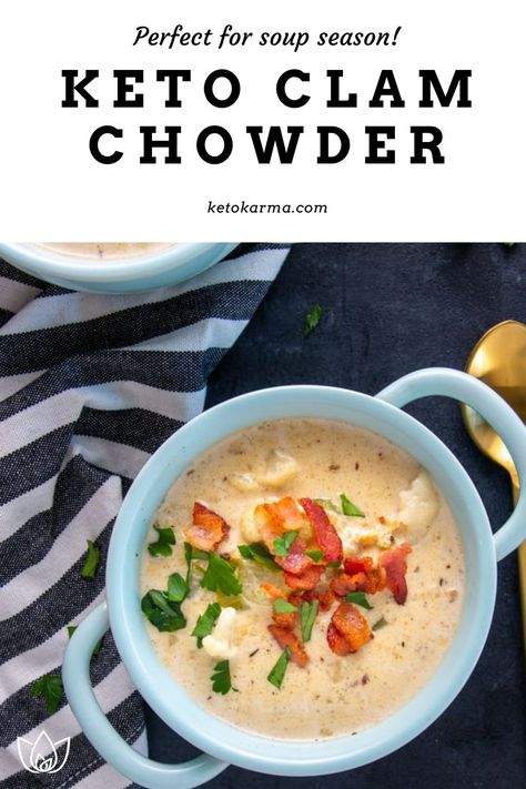 Keto Clam Chowder: Perfect For Soup Season! Keto Clam Chowder, Keto Karma, Cauliflower Keto, Clam Chowder Soup, Keto Favorites, Clam Chowder Recipe, Simply Keto, Kito Diet, Keto Seafood