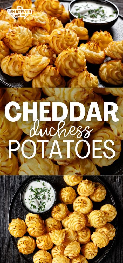 Cheddar Duchess Potatoes - fancy, flavorful, and delicious side dish! Dutchess Potatoes, French Mashed Potatoes, Mashed Potatoes Recipes, Potato Party, Duchess Potatoes, Lithuanian Recipes, Recipes Potatoes, Food Game, Potatoes Recipes