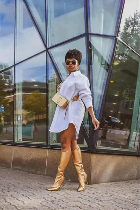 Gold Metallic Boots for Women White And Gold Casual Outfit, Tall Metallic Boots Outfit, Metallic Gold Boots Outfit, Metallic Handbags Outfit, Rose Gold Boots Outfit, Gold Knee High Boots Outfit, Gold Boot Outfit, Outfits With Gold Boots, Gold Booties Outfit