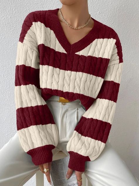 Two Tone Cable Knit Drop Shoulder Sweater | SHEIN USA Loose Pullover Sweater, Pull Oversize, Drop Shoulder Sweater, Loose Pullover, Drop Shoulder Sweaters, Striped Sleeve, Clothing Size Chart, Womens Clothing Sizes