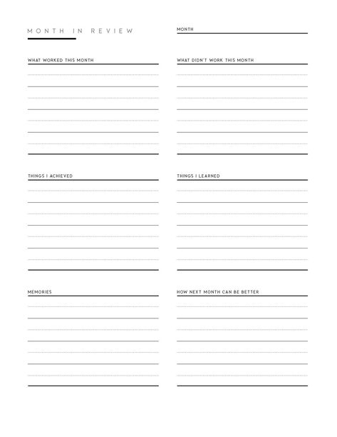 Get this free printable month in review template for your planner and reflect on your monthly planning. Find more free planning templates on the blog. Planner Monthly Review, Work Review Template, Monthly Business Review Template, Monthly Journal Template, Monthly Review Planner, Yearly Review Template, Year Review Template, Monthly Reflection Template, Monthly Planning Ideas