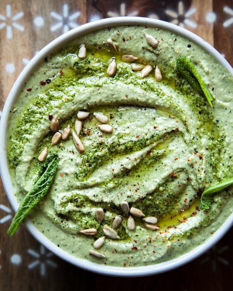 Creamy Kale Pesto White Bean Dip with Tahini & Sunflower Seeds (vegan) - The First Mess Pesto White Bean, White Bean Dip Vegan, Mediterranean Pantry, White Bean Dip Recipe, Creamy Kale, Pesto Vegan, Veg Sandwich, Bean Dip Recipes, Best Food Processor