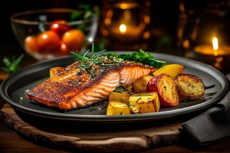 Fried salmon steak with potatoes and veg... | Premium Photo #Freepik #photo #salmon #fish-dish #grilled-fish #food-background Grilled Fish Photography, Steak With Potatoes, Fish Food Photography, Grilled Fish Fillet, Fish Steak, Potatoes And Vegetables, Sauteed Potatoes, Food Reference, Roast Fish