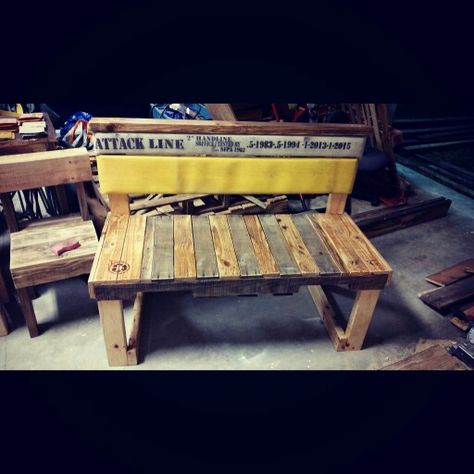 Fire hose backed pallet bench! #hollowaycreations #pallet #firelife #fire hose Firefighter Bar, Fire Hose Projects, Fire Hose Crafts, Cave Room, Bunker Gear, Fire Hall, Firefighter Decor, Memorial Benches, Firefighter Quotes