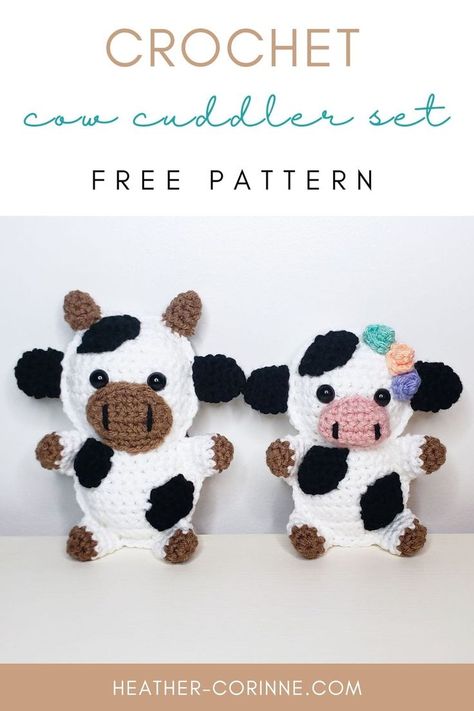 My Crochet Cow Cuddler Set is a free pattern here on my blog! They are the most adorable toddler companions or a thoughtful baby shower gift idea! Crochet Ragdoll Animals Free Pattern, Crochet Flat Animals Free Pattern, Crochet Cow Ragdoll Free Pattern, Crochet Rag Doll Animals, Crochet Ragdoll Lovey Free Pattern, Crochet Cow Applique, Crochet Cow Applique Pattern Free, Flat Crochet Animals, Crochet Flat Animals