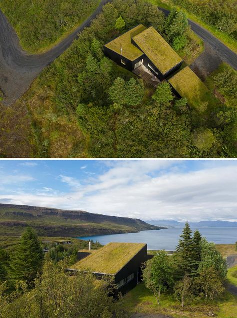 The Green Roof On This Home Helps It Blend Into The Surrounding Landscape House With Grass Roof, Green Roof Design Architecture, Green Roofs Architecture, Architecture Green Roof, Modern Black House, Green Roof Design, Living Green Roof, Turf Roof, Big Balcony