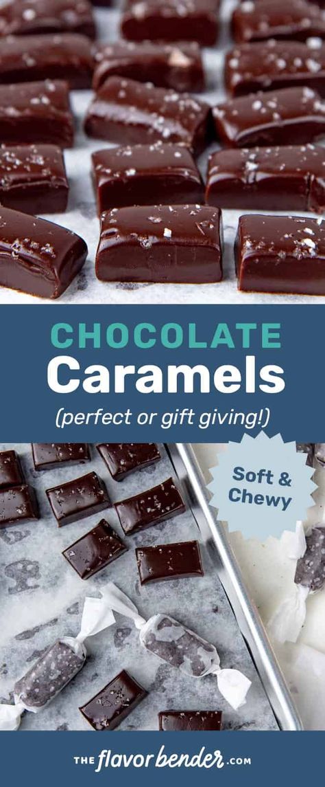 These Soft Chocolate Caramels have a delicious caramel flavor mixed with bittersweet chocolate. Easy to make, with no melting and dipping involved. Great to give as gifts, and to make ahead. #TheFlavorBender #ChocolateCaramels #Caramels #Confectionary No Fail Caramels, Chewy Homemade Caramels, Melting Kraft Caramels, Diy Caramels Candy, Chocolate Dipped Caramels, Heavy Cream Caramels, Homemade Chocolate Caramels, Chocolate Caramel Candy Recipe, Caramel Gift Ideas