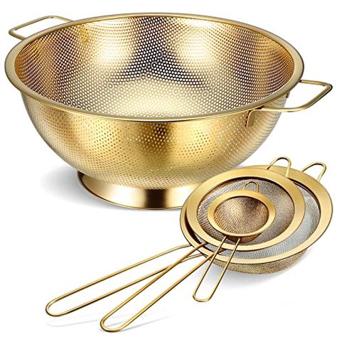 Norme 5 Quart Stainless Steel Gold Colander and 3 Pcs Gold Fine Mesh Strainer, Stainless Steel Pasta Rice Food Metal Strainer with Handles, Easy Clean and Dishwasher Safe Gold Kitchen Accessories, Rice Food, Pasta Rice, Food Strainer, Fine Mesh Strainer, Mesh Strainer, Gold Kitchen, Kitchen Helper, Tools For Sale