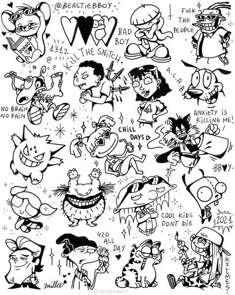 Old Cartoon Tattoo Ideas, 90s Cartoon Tattoos Sleeve, 90s Cartoon Tattoo Designs, 90s Cartoon Tattoos, Emoji Tattoo, Ear Tattoo Ideas, Cartoon Character Tattoos, Old School Cartoons, Flash Tattoo Designs