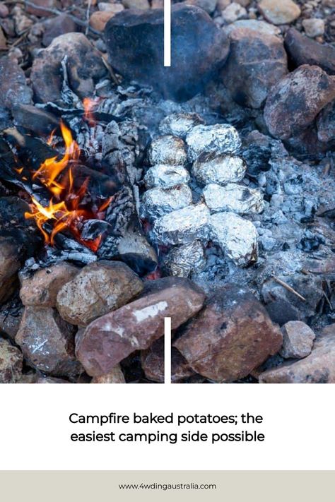 If you love potatoes, cooking them on the fire in aluminium foil is the best way to do campfire baked potatoes Campfire Baked Potatoes, Campfire Potatoes In Oven, Campfire Steak And Potatoes, Roasting Over A Campfire, Campfire Potatoes Foil, Campfire Baked Potatoes Foil, Baking Bread Over Campfire, Campfire Potatoes, Cooking Baked Potatoes