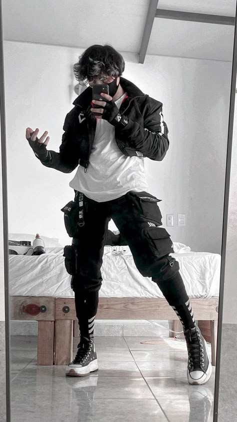 Men’s Cyberpunk Outfit, Tech Gear Fashion Men, Drip Clothes Men, Gamer Aesthetic Outfits Men, Techware Fashion Male, Cyberpunk Aesthetic Fashion Men, Mens Fashion Techwear, Casual Techwear Outfits Men, Outfit Ideas For Ocs Male