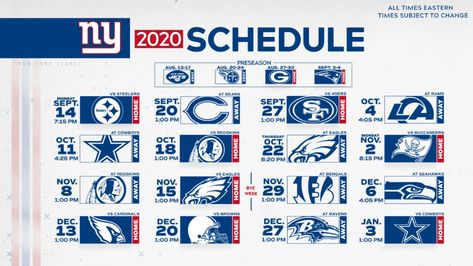 2020 New York Giants Schedule: Complete schedule and match-up information for 2020 NFL season Football Schedule Graphic, Schedule Graphic, Sports Schedule, Soccer Schedule, 2024 Schedule, Giants Stadium, Football Ideas, Sports Design Ideas, Nfl Championships