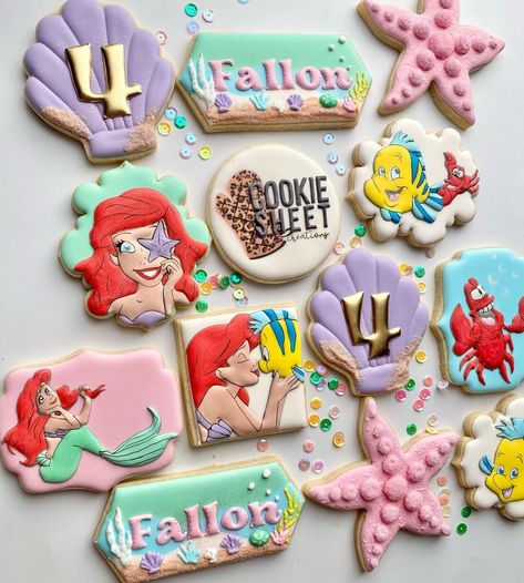 Cookie Sheet Creations (@cookiesheet.creations) | Instagram Ariel Birthday Party, Mermaid Cookies, Twin Birthday Parties, Mermaid Theme Birthday Party, Chocolate Dipped Pretzels, Ariel Birthday, Disney Cookies, Birthday Party Desserts, Cookie Decorating Party