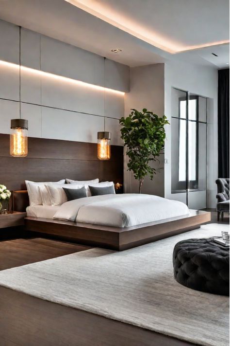 Luxurious bedroom with plush bedding, natural textures, and abundant natural light Luxurious Bedrooms Master Modern, Resort Bedroom, Luxurious Bedrooms Master, Design A Bedroom, Hotel Bedrooms, Luxury Hotel Bedroom, Guest Room Design, Bedroom Wall Designs, Sleek Furniture