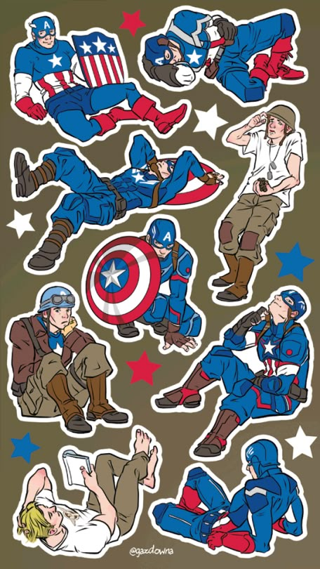 Steve Rogers sticker set - by gazdowna #HiveSurvives Marvel Stickers, Avengers Art, Making Stickers, Desain Buklet, Design Comics, Stickers Sheet, Scrapbook Stickers Printable, Avengers Funny, Cut Stickers