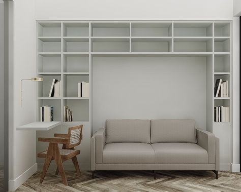 Bookshelf Around Sofa, Sofa With Shelves, Couch In Between Bookcases, Bookshelf With Couch, Office With Sofa Bed, Multipurpose Guest Room, Space Saving Apartment, Home Office Shelves, Floating Shelves Bedroom