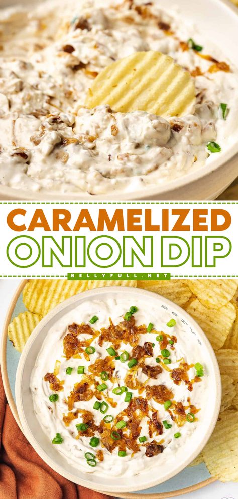 Don't miss out on this game day recipe! This Caramelized Onion Dip is the BEST. Rich, savory, and ultra creamy, this cold onion dip is an easy appetizer recipe or party snack idea no one will be able to resist! Appetizer Recipes For A Crowd, Carmalized Onion, Recipes For A Crowd, Caramelized Onion Dip, Healthy And Unhealthy Food, Favorite Recipes Chicken, The Best Game, Dip Recipes Easy, Onion Dip