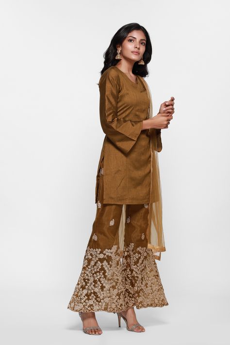 This olive dupion shift dress with V-neck and bell sleeves comes with gorgeous organza bell bottoms accentuated with zari embroidery. It is paired with matching net dupatta to complete the look. #shiftdress #zari #gorgeous #specialoccasion #bellbottoms #embroidered #olive #trendy Bell Sleeves Suit, Bell Bottom Sleeves, Indian Clothing Brands, Ethnic Wear Indian, Ladies Suit, Zari Embroidery, Short Kurti, Festive Collection, Lehenga Saree